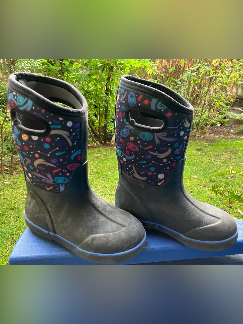 Bogs Kids Black Space Galaxy Waterproof Rain Boots with Blue Trim